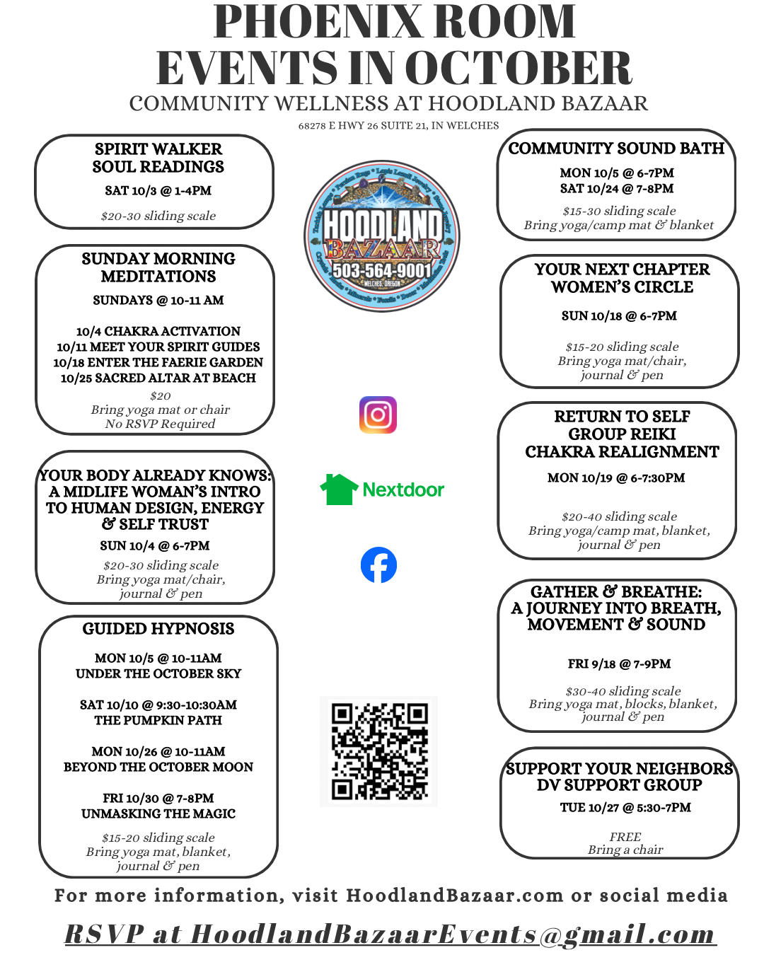 Phoenix Room Events in October — Hoodland Bazaar community wellness calendar